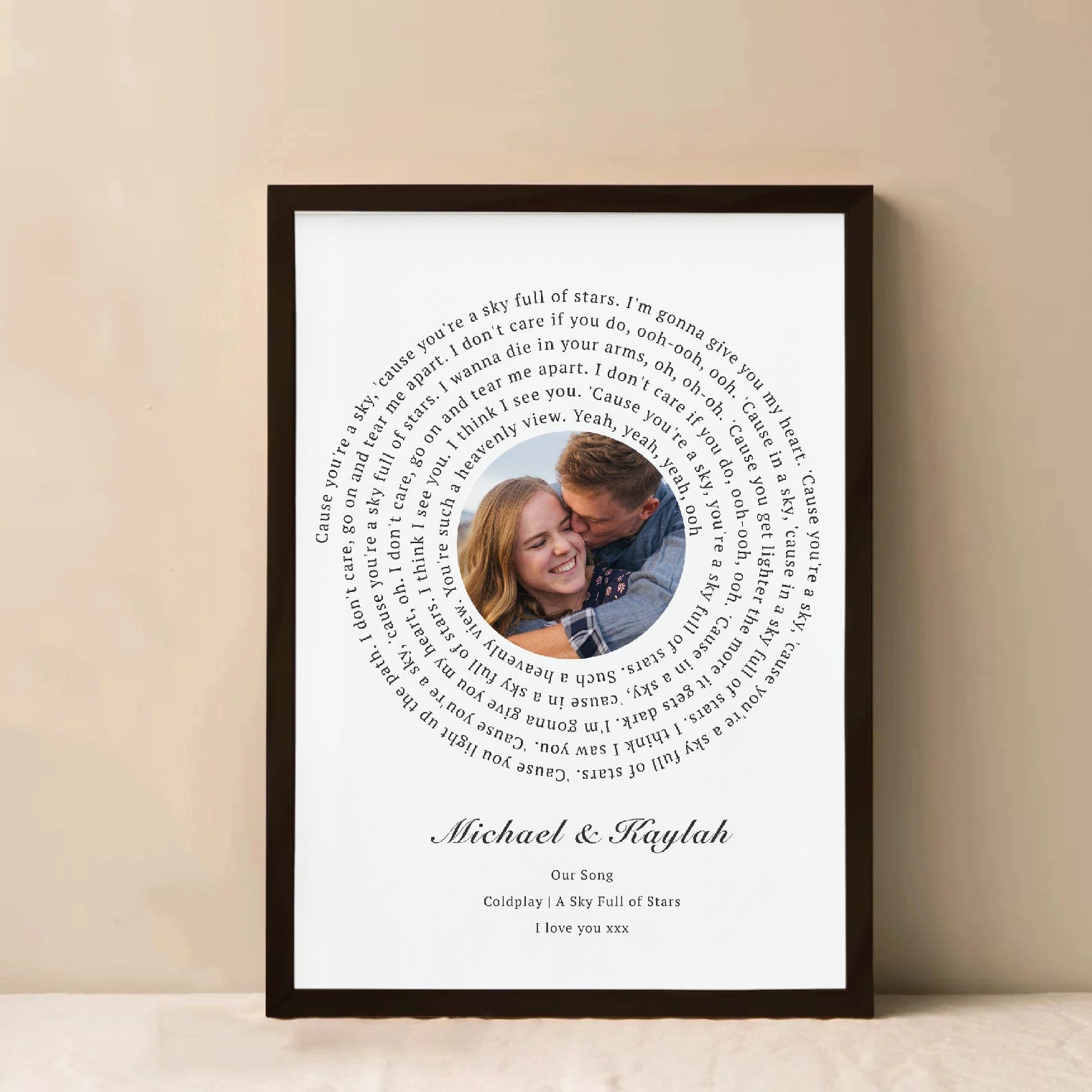 Personalized wall art with custom song lyrics and a couple’s photo for a romantic gift
