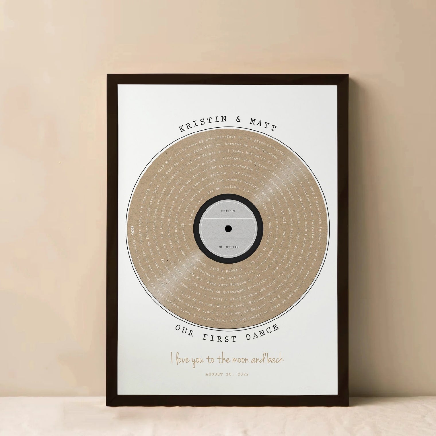 Personalized vinyl record wall art with song lyrics, perfect anniversary gift for couples
