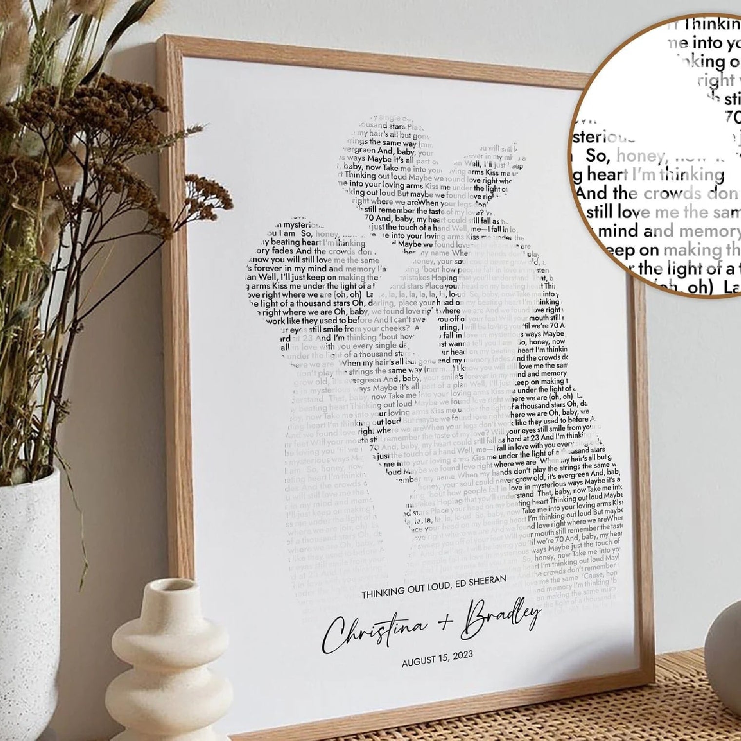 Unique silhouette wall art with personalized photo portrait and custom song lyrics






