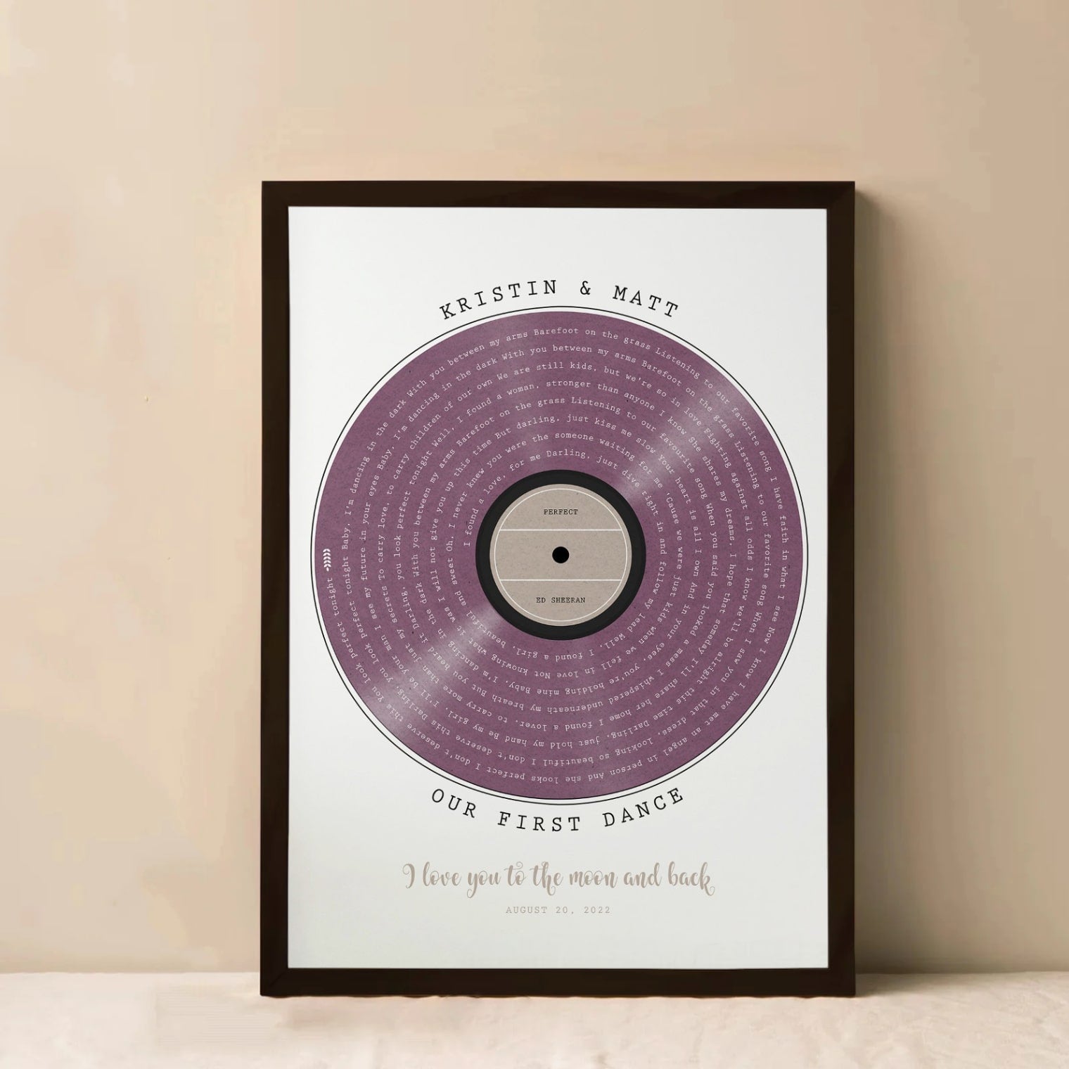 Personalized vinyl record wall art with song lyrics, perfect anniversary gift for couples
