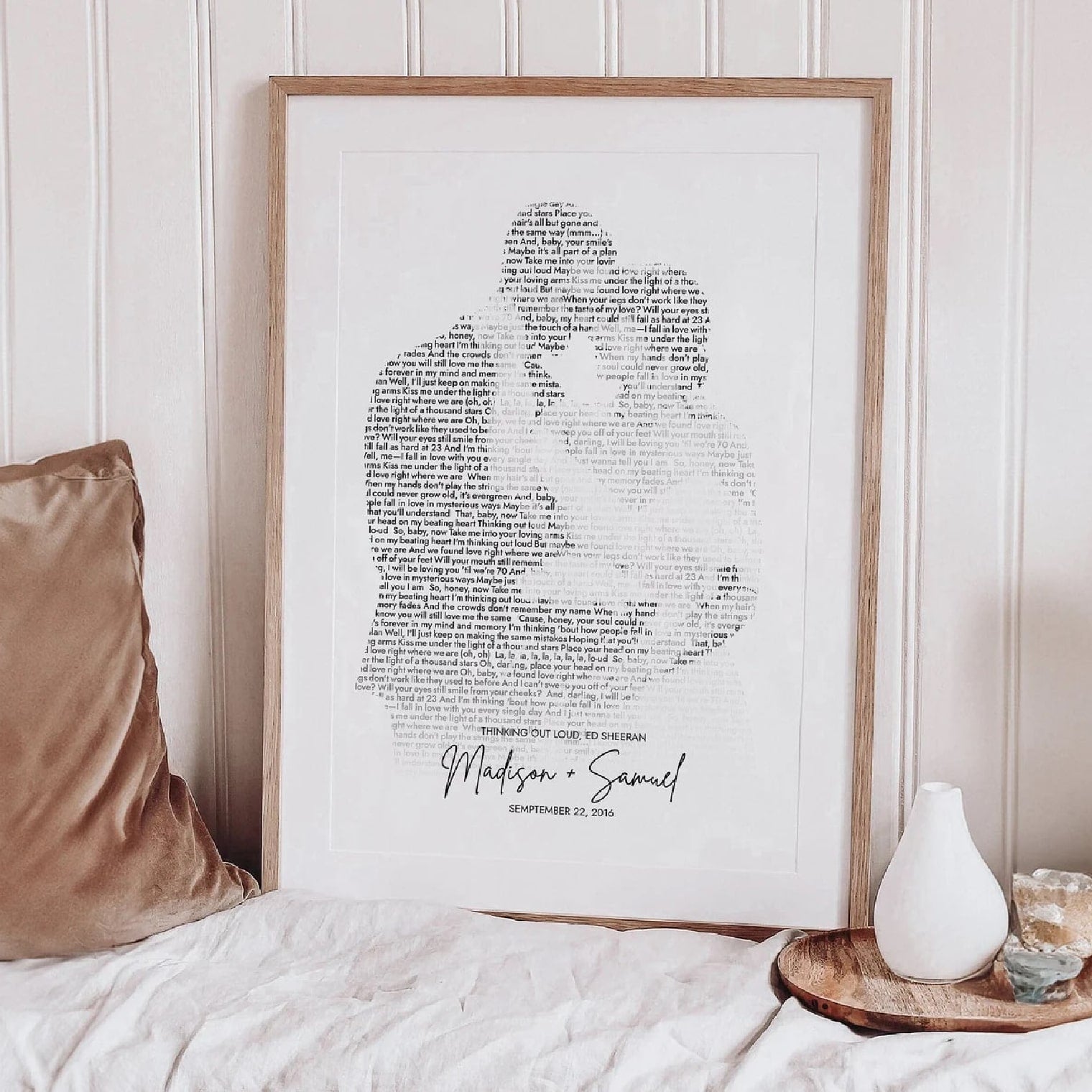 Custom song lyrics wall art featuring personalized portrait from couple’s photo
