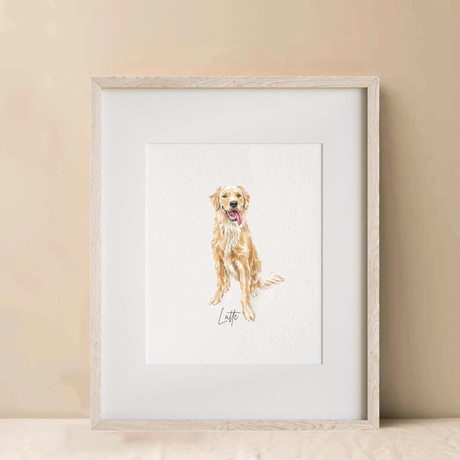 Custom watercolor wall art pet portrait of a golden retriever, perfect pet memorial gift
