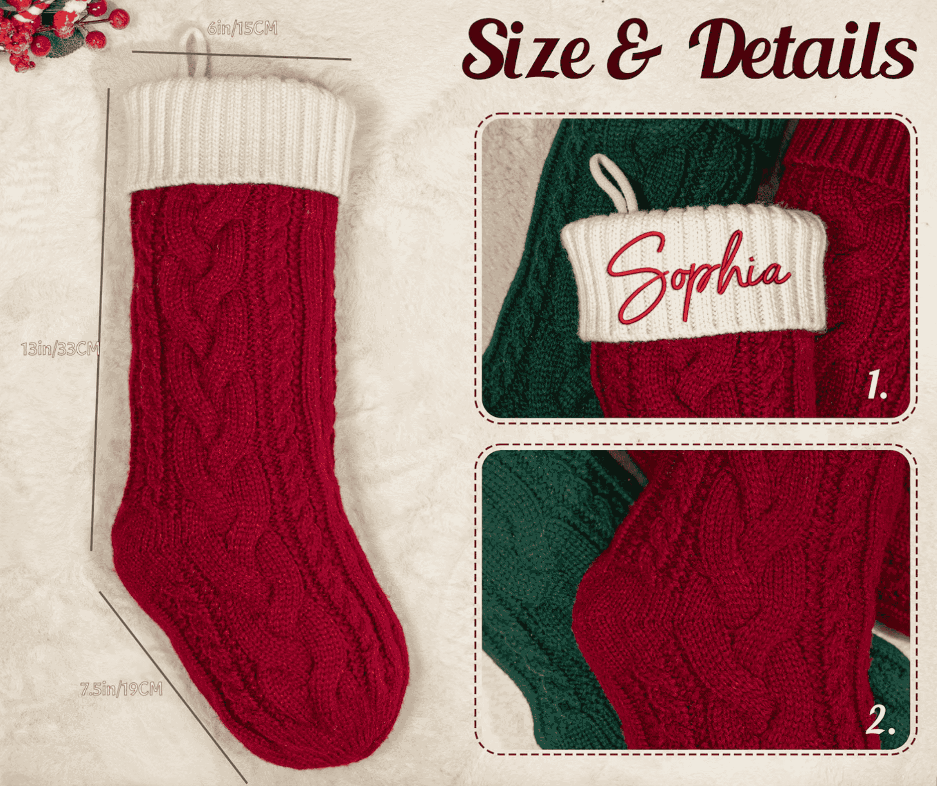 Knitted Christmas stockings for family, personalized with names.
