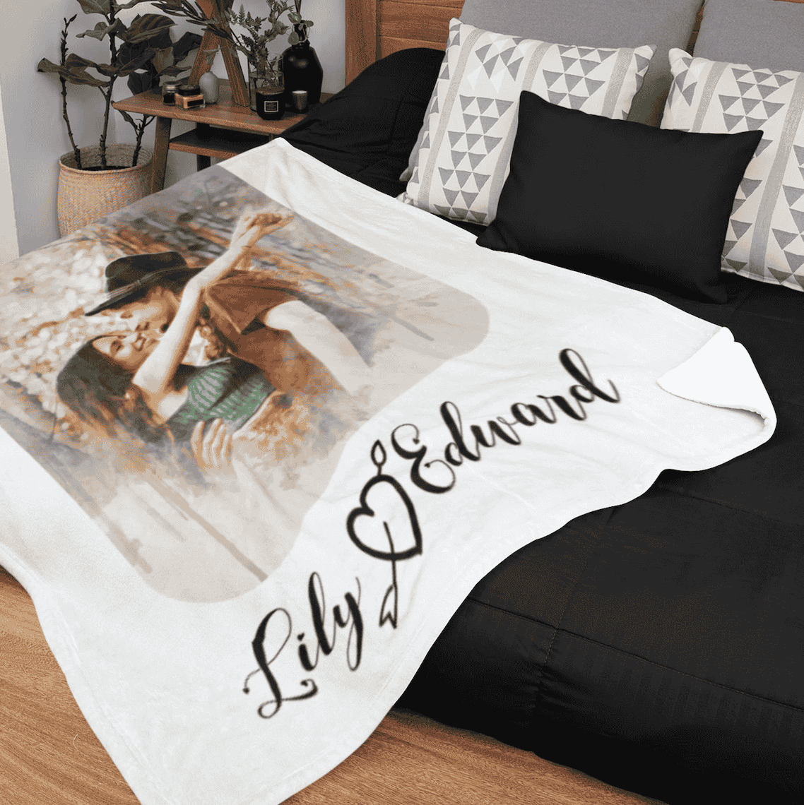 Custom couple photo blanket with personalized names and a romantic photo.

