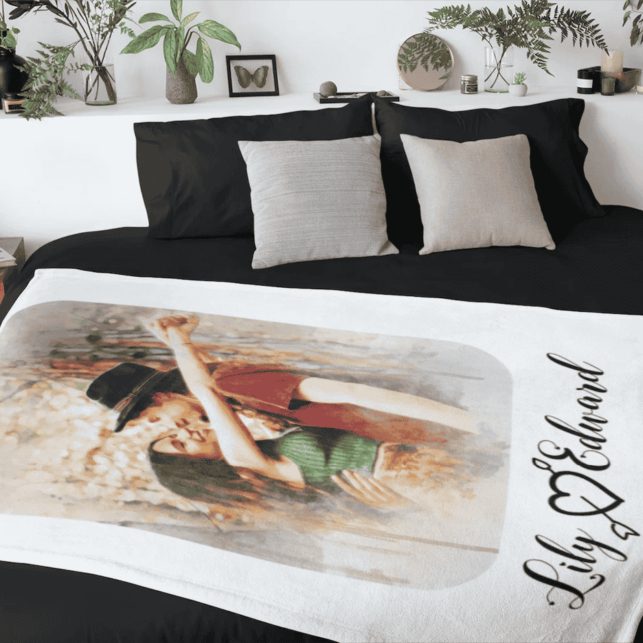 Custom couple photo blanket with personalized names and a romantic photo.

