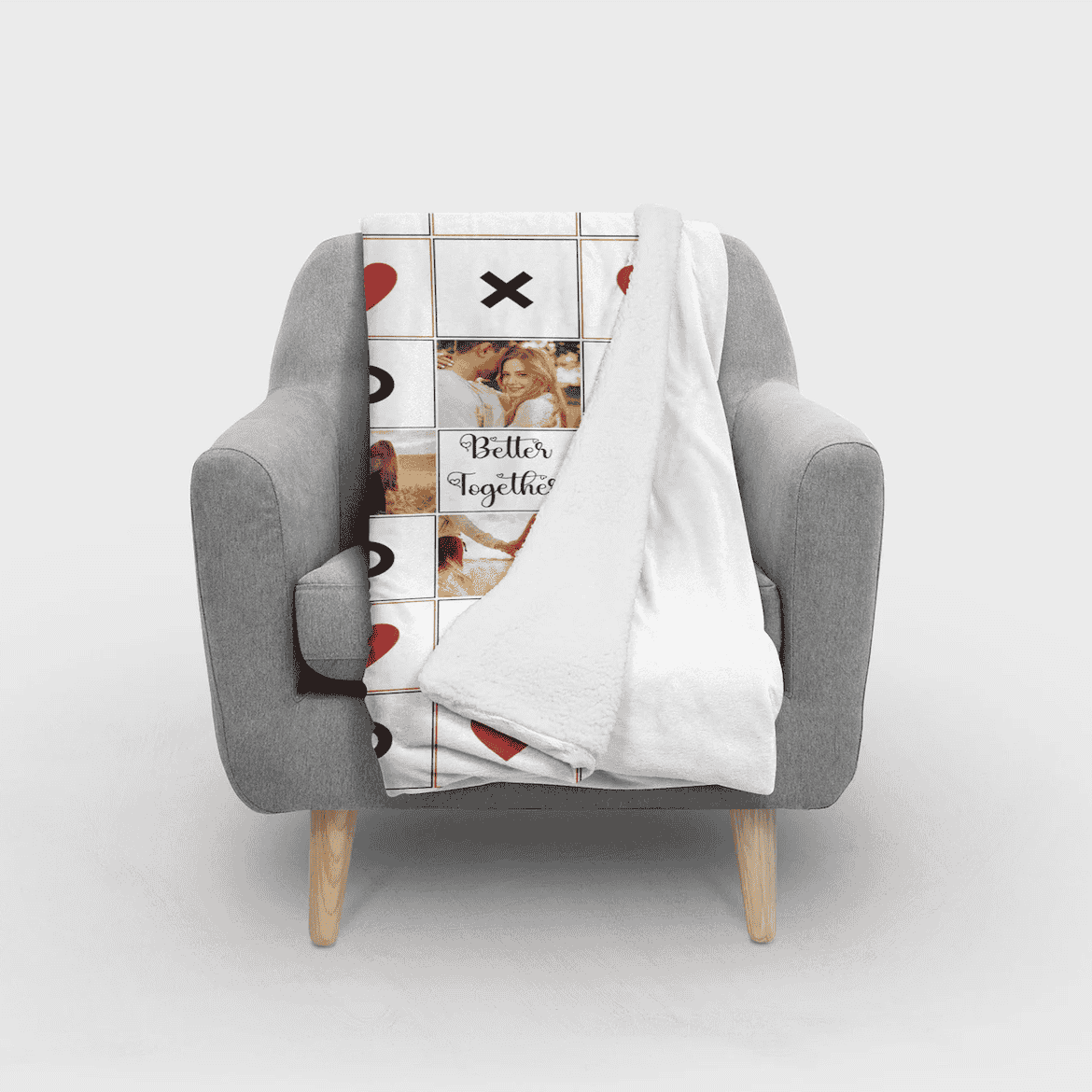 Custom couple Tic-Tac-Toe photo blanket with personalized photos and text.

