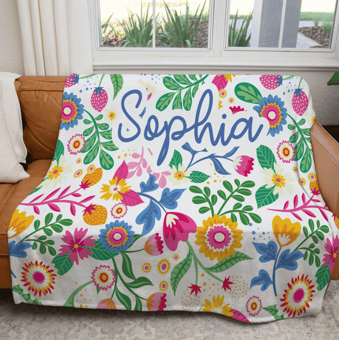 Custom Floral Name Blanket with Bright Floral Pattern - Personalized Throw