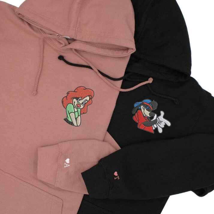 Max & Roxanne custom embroidered couple hoodies.
