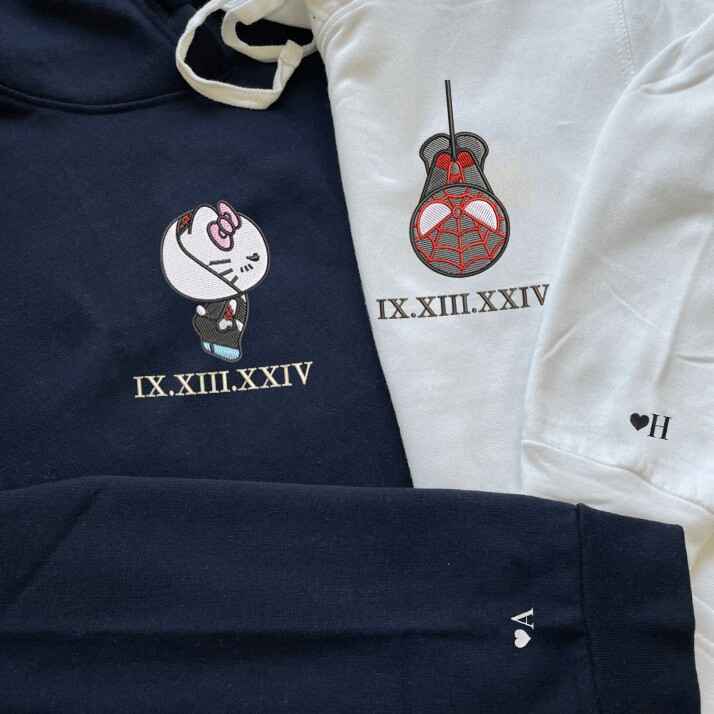 Spider Miles and Kitten Gwen embroidered couple hoodies for fans who love unique and adorable matching designs.
