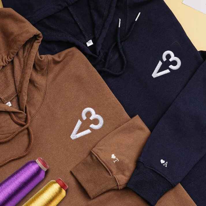 Simple and chic "<3" design on couple hoodies, perfect for minimalist couples.
