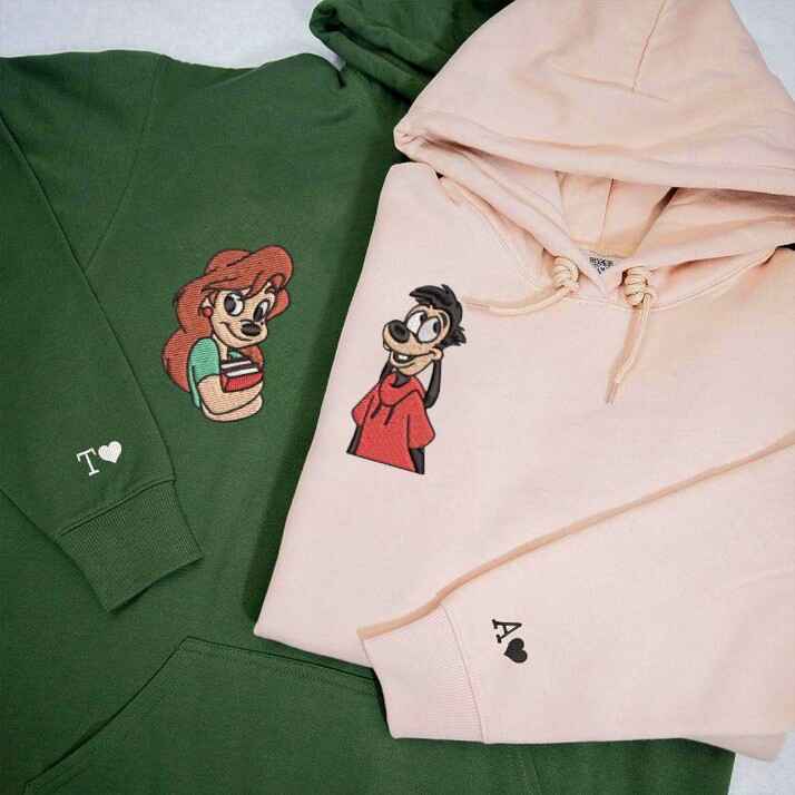 Max & Roxanne embroidered couple hoodies in green and blush.
