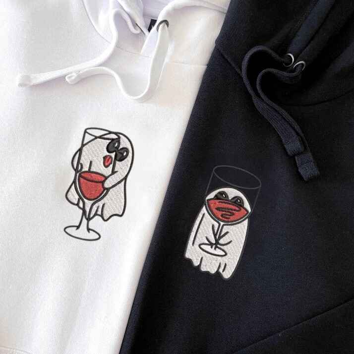 Fun ghost-in-a-wine-glass design on matching hoodies.
