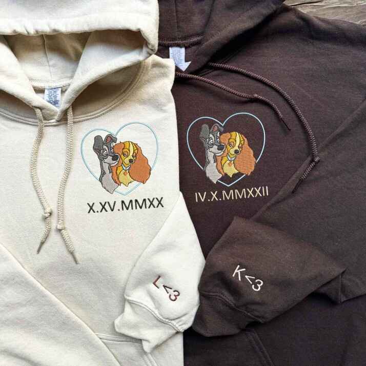 Matching Disney Lady and the Tramp heart sweatshirts for couples who cherish classic animated love stories.
