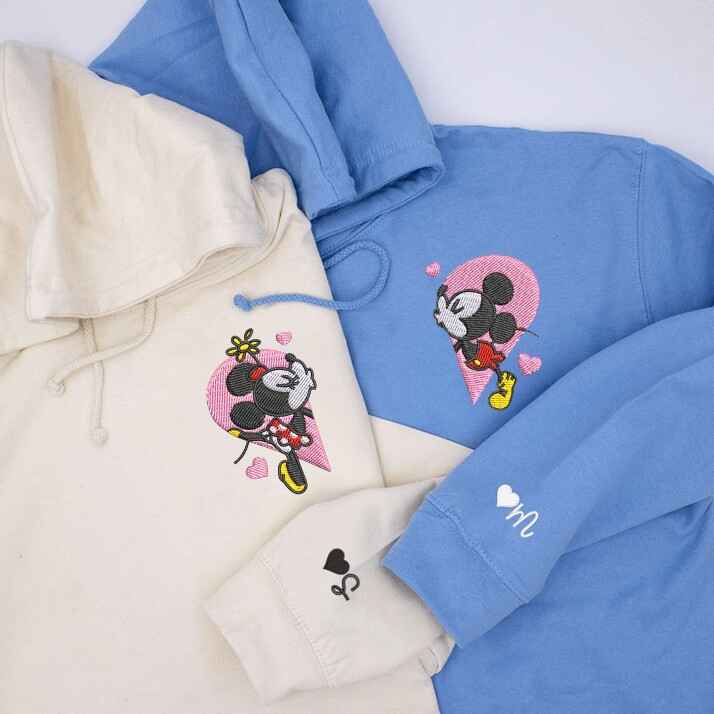 Mickey and Minnie Heart Split embroidered couple hoodies with a cute half-heart design, perfect for couples who love matching Disney-themed hoodies.
