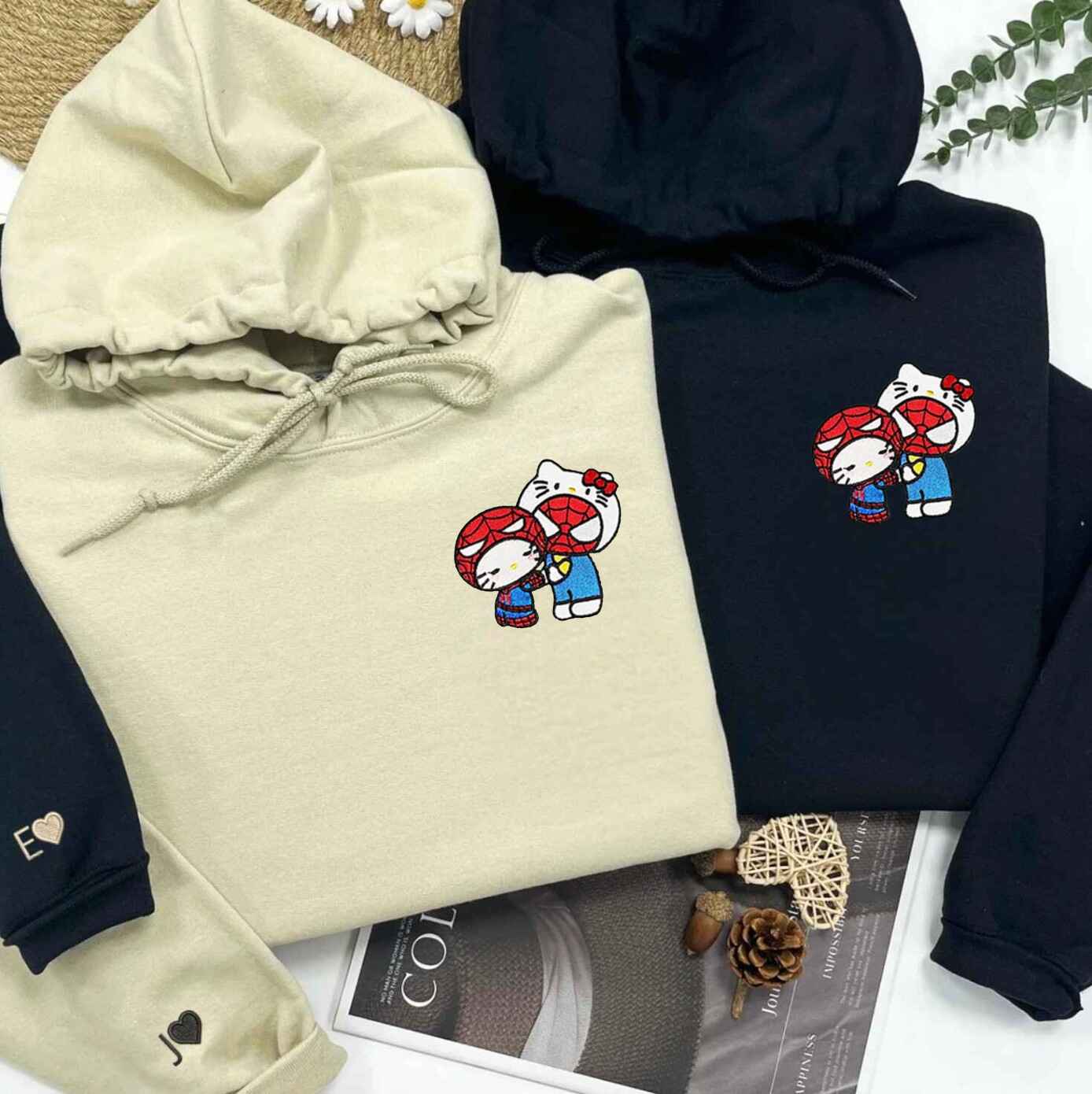 Couple hoodies featuring cute superhero cat characters
