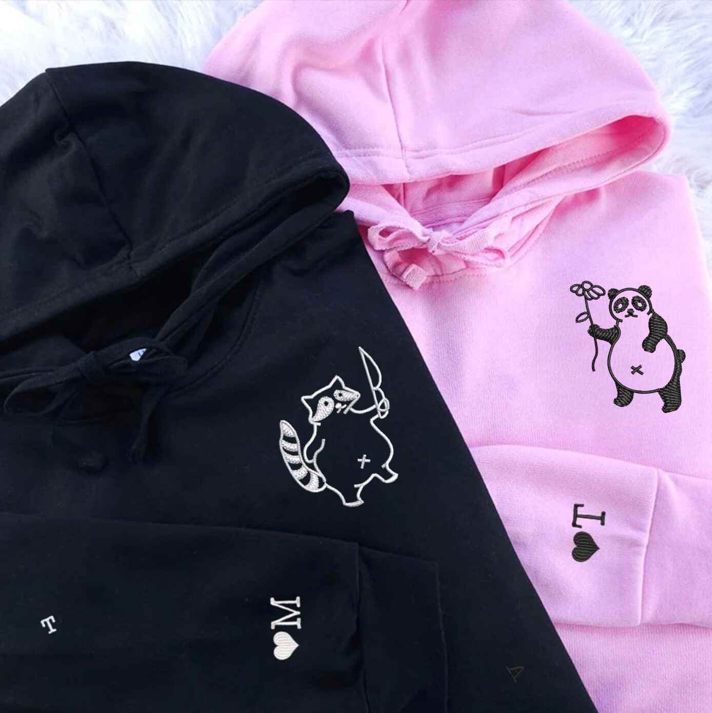 Matching Couple Hoodies with couples matching hoodies design featuring raccoon and panda characters
