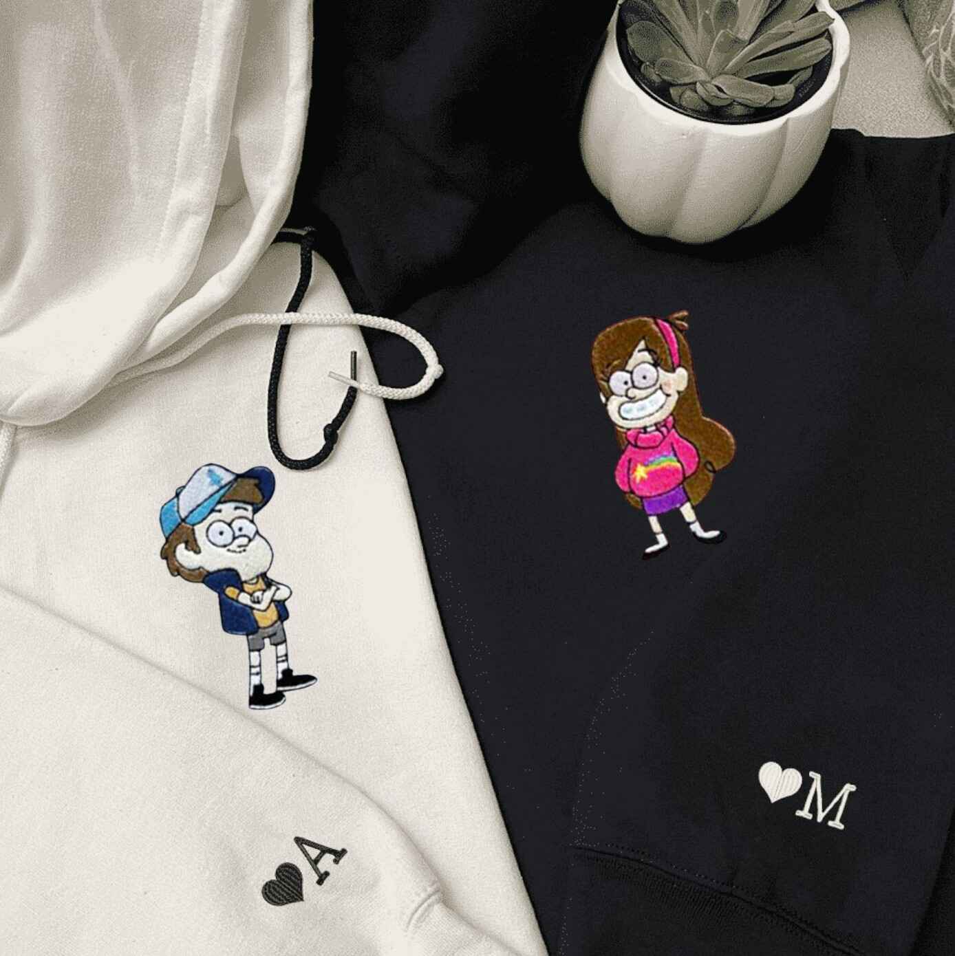 Matching couple hoodies inspired by cartoon siblings
