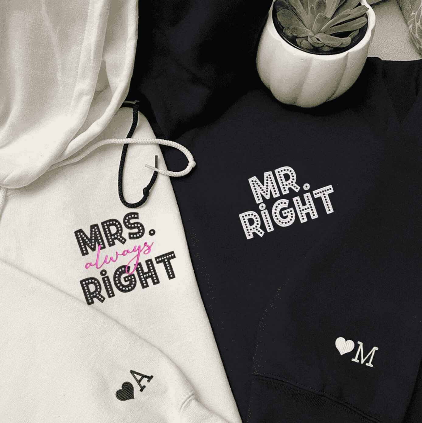 Matching Couple Hoodies with couples matching hoodies design featuring Mr. Right and Mrs. Always Right
