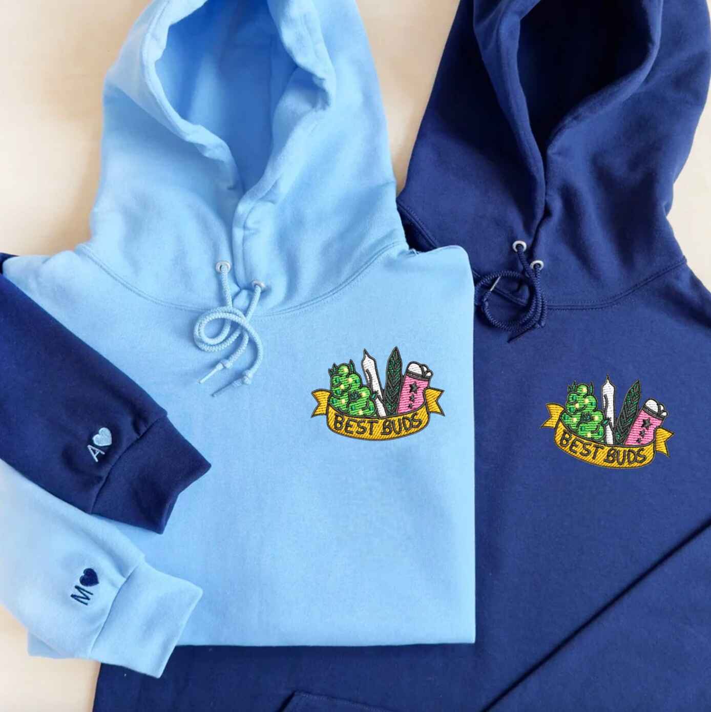 Matching "Best Buds" hoodies with fun embroidered design
