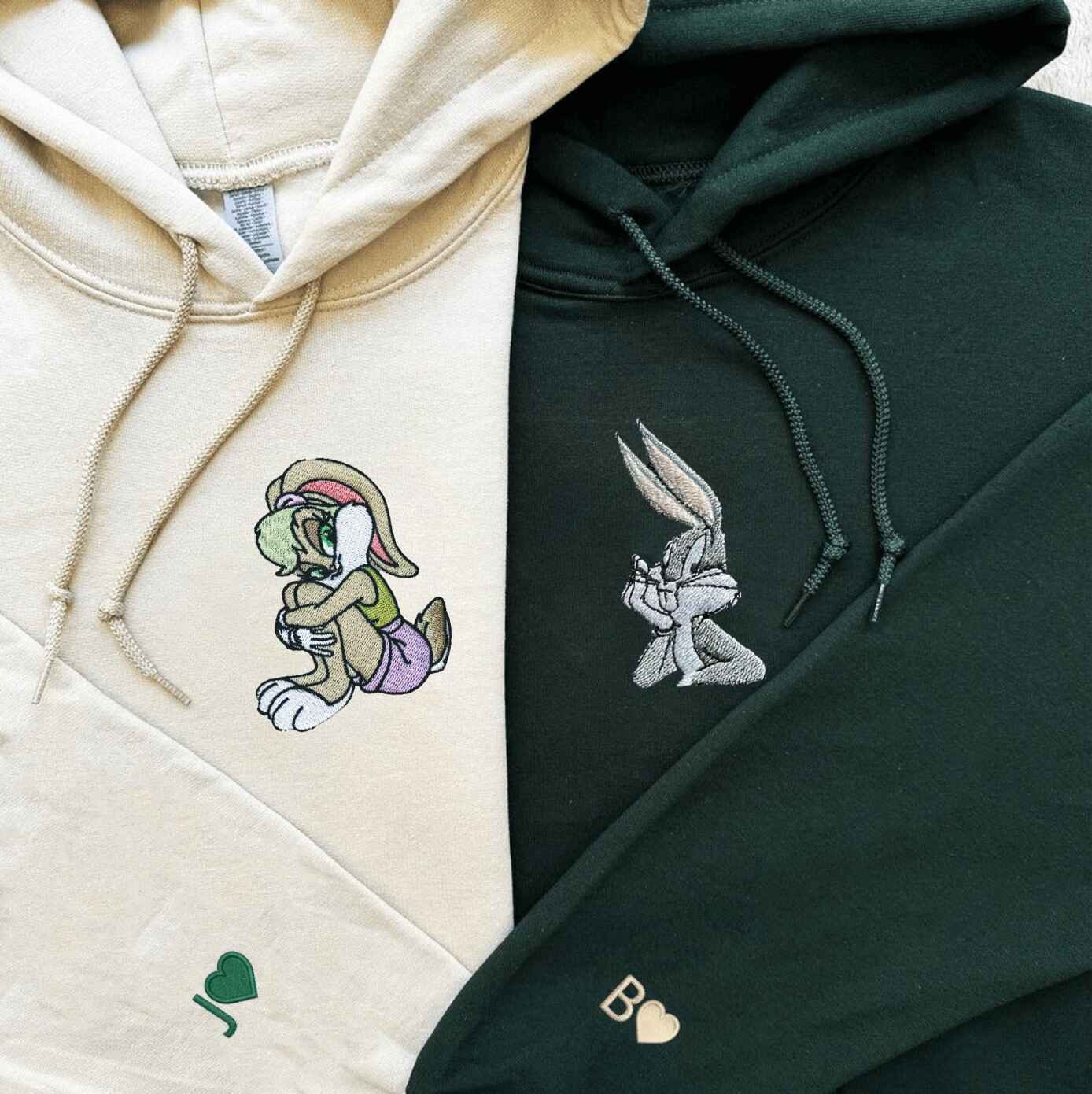 Classic bunny duo embroidered couple hoodies in green and cream
