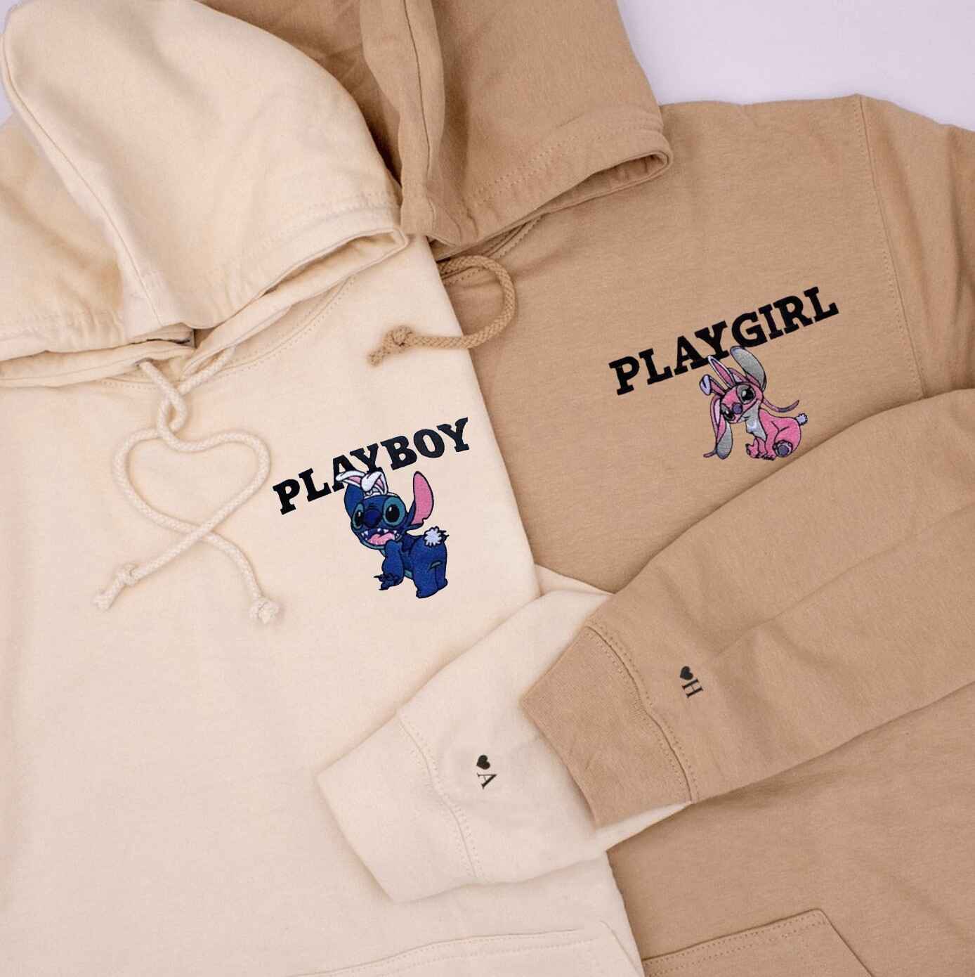 Playboy and Playgirl couple hoodies with Stitch and Angel design, white and beige matching couple sweatshirts with personalized initials on sleeves