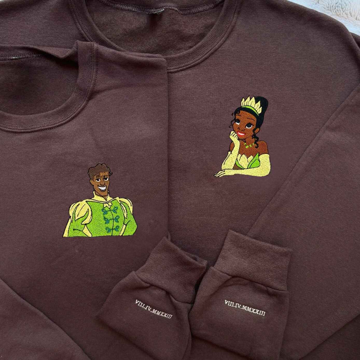 Matching Couple Hoodies with couples matching hoodies design featuring Tiana and Prince Naveen
