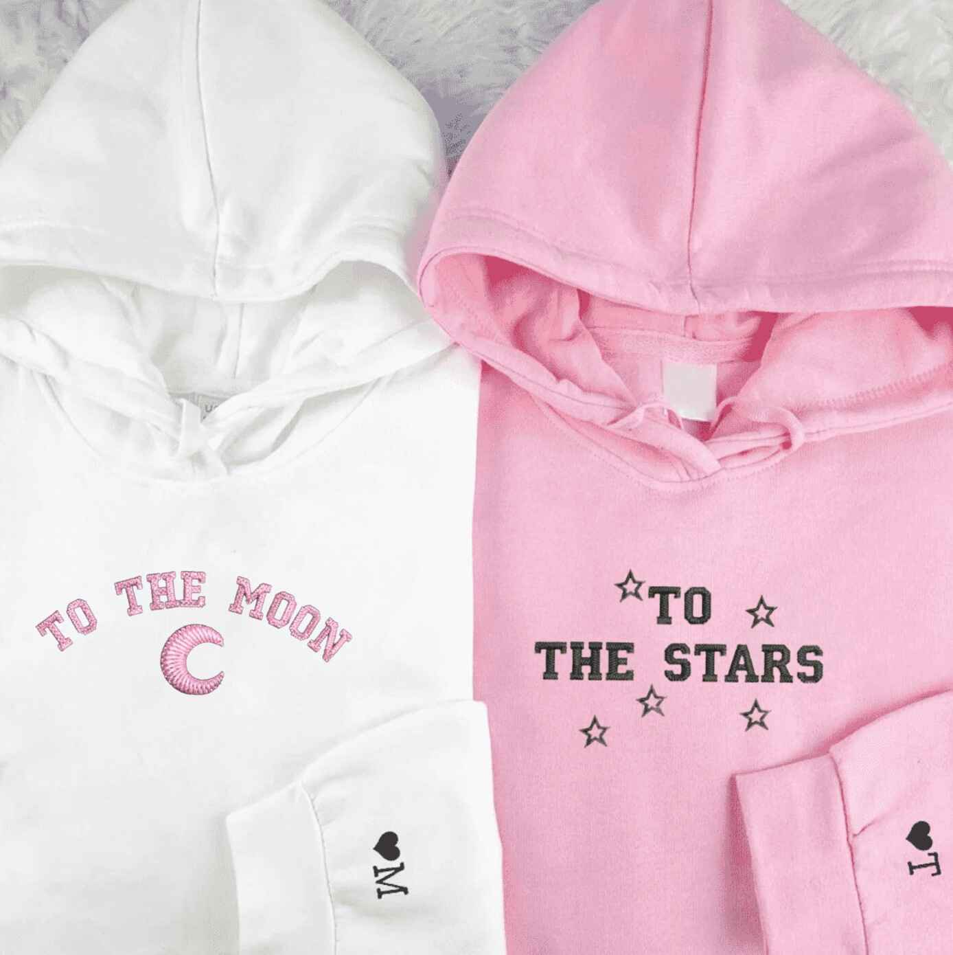 Matching Couple Hoodies with "To the Moon" and "To the Stars" designs
