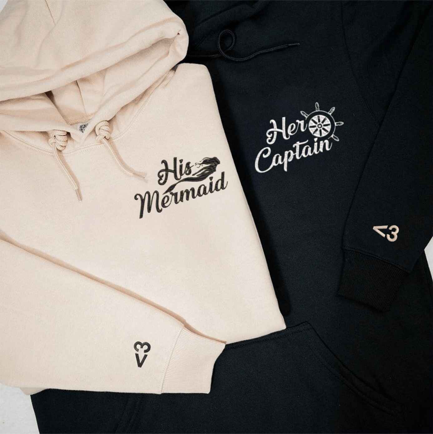 Matching Couple Hoodies with couples matching hoodies design featuring His Mermaid and Her Captain
