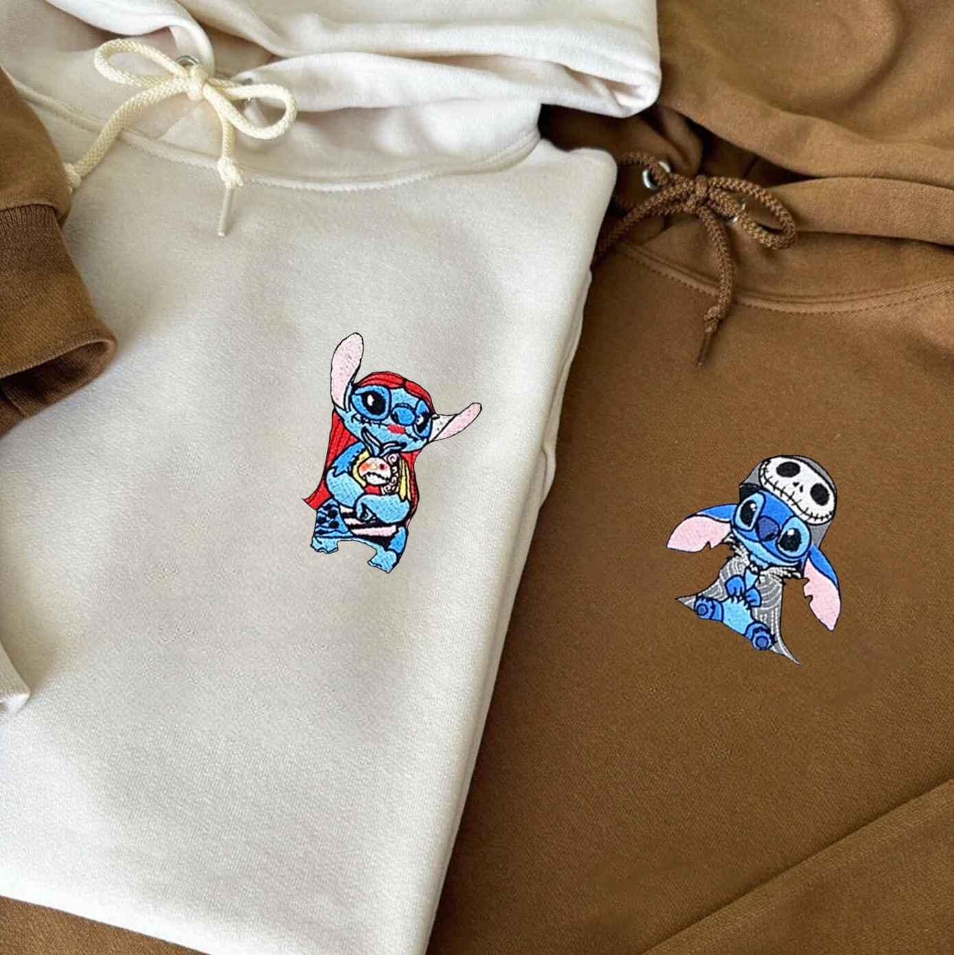 Matching Couple Hoodies with couples matching hoodies design featuring Stitch in cosplay outfits
