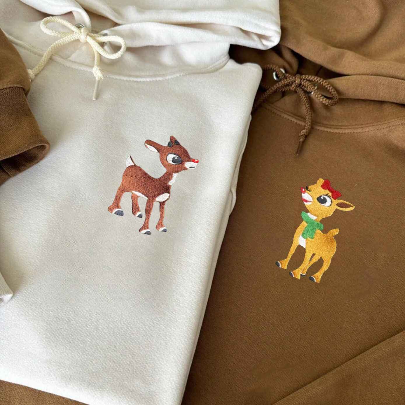 Matching couple hoodies with reindeer design
