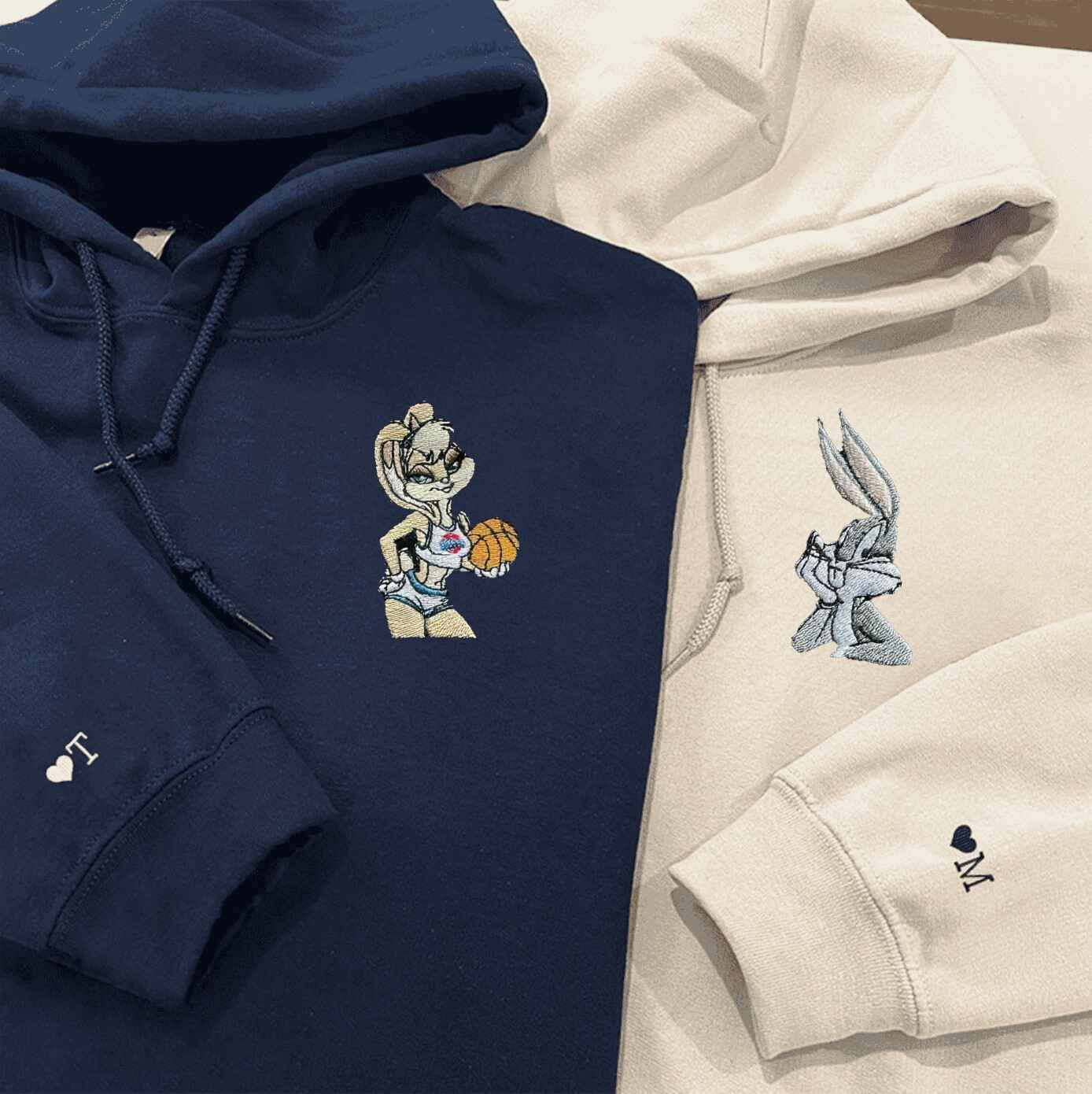 Matching couple hoodies with basketball-themed bunny embroidery
