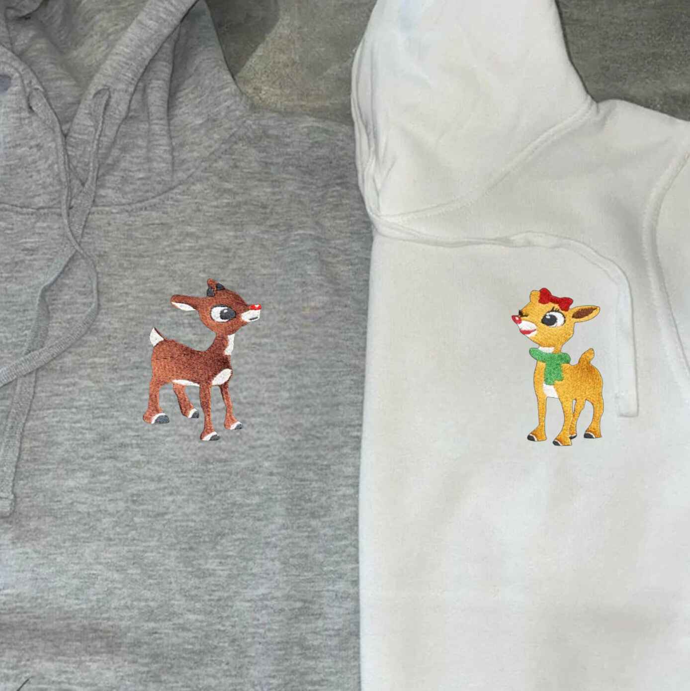 Holiday reindeer couple hoodies for winter
