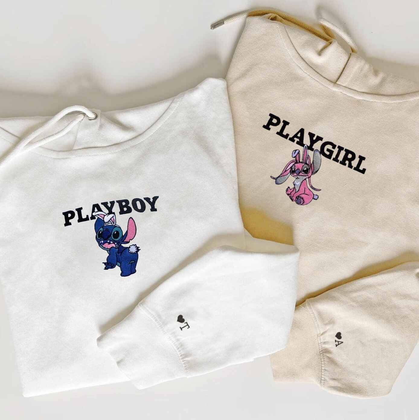 Playboy and Playgirl couple hoodies with Stitch and Angel design, white and beige matching couple sweatshirts with personalized initials on sleeves