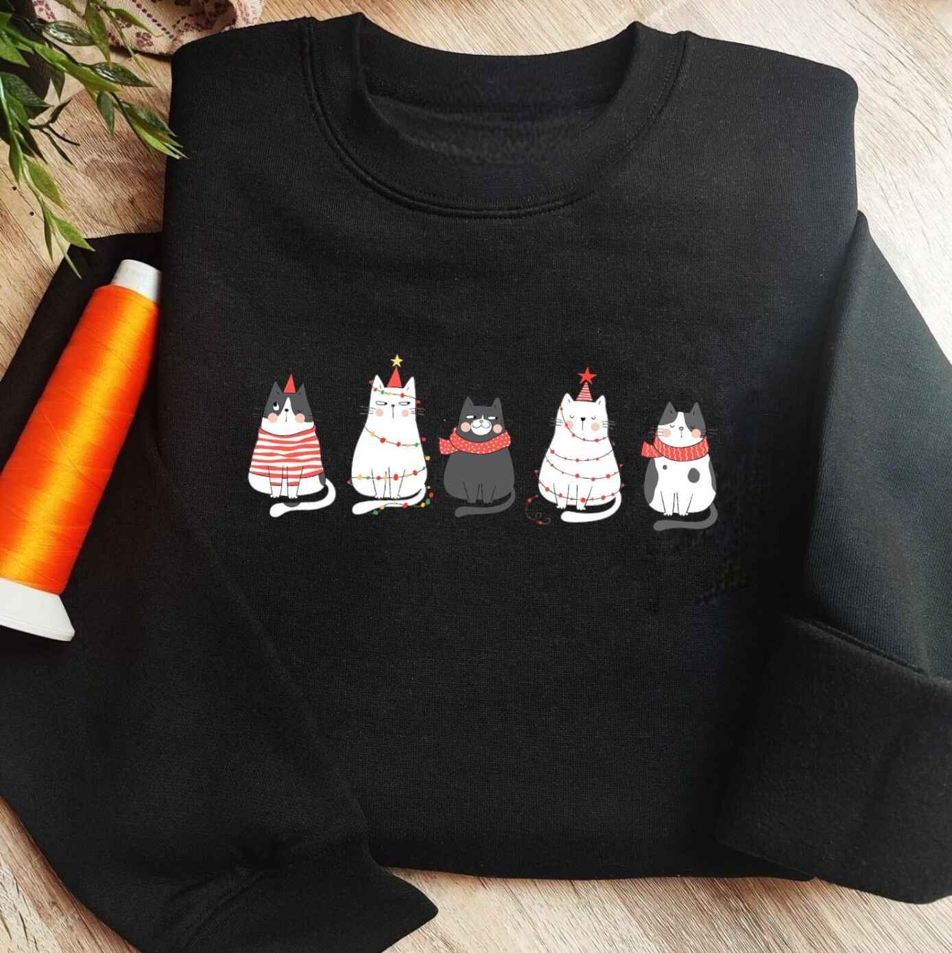 Holiday cat print sweatshirt in customizable colors
