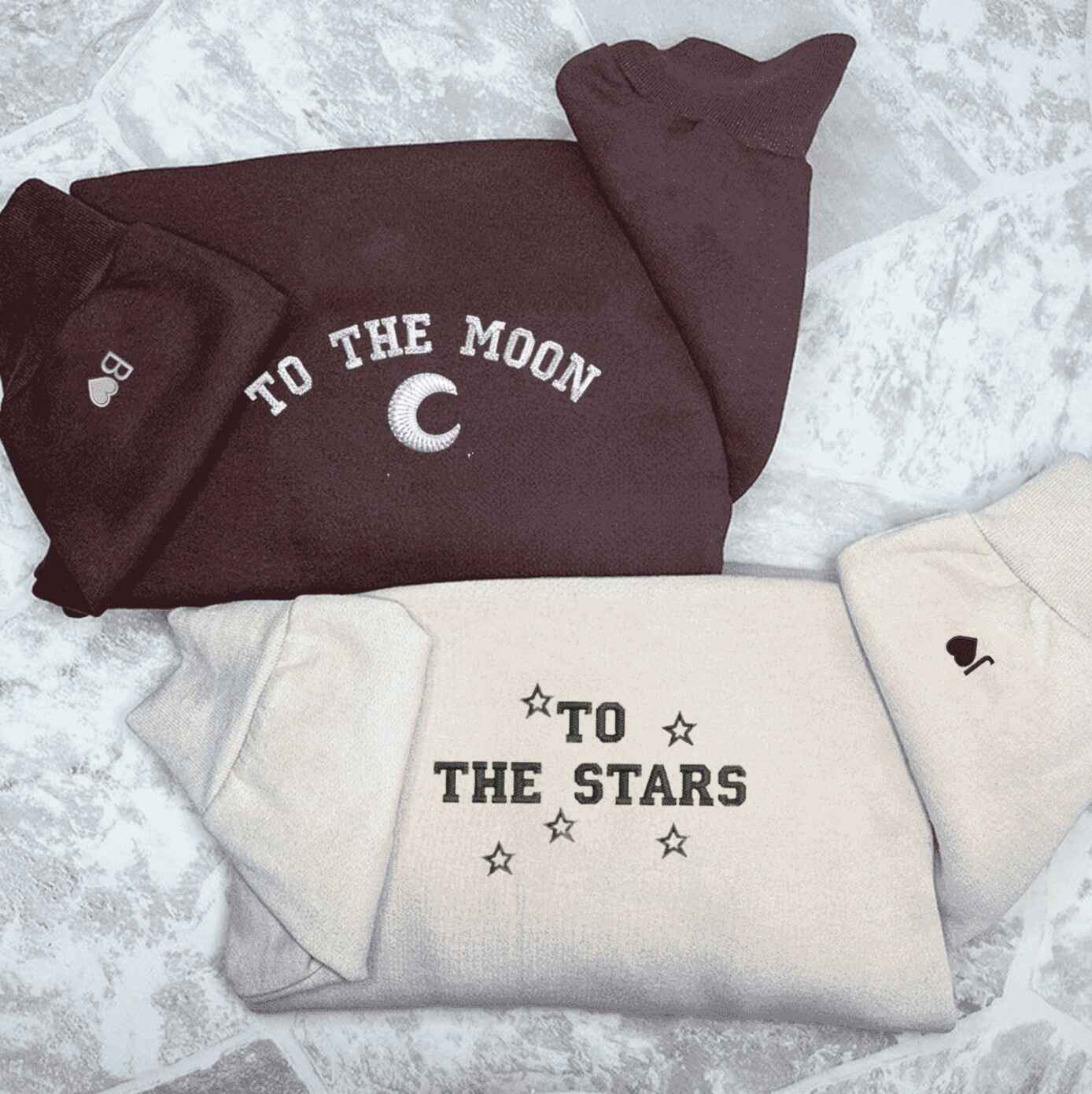 Personalized couple hoodies with moon and stars theme, white and pink
