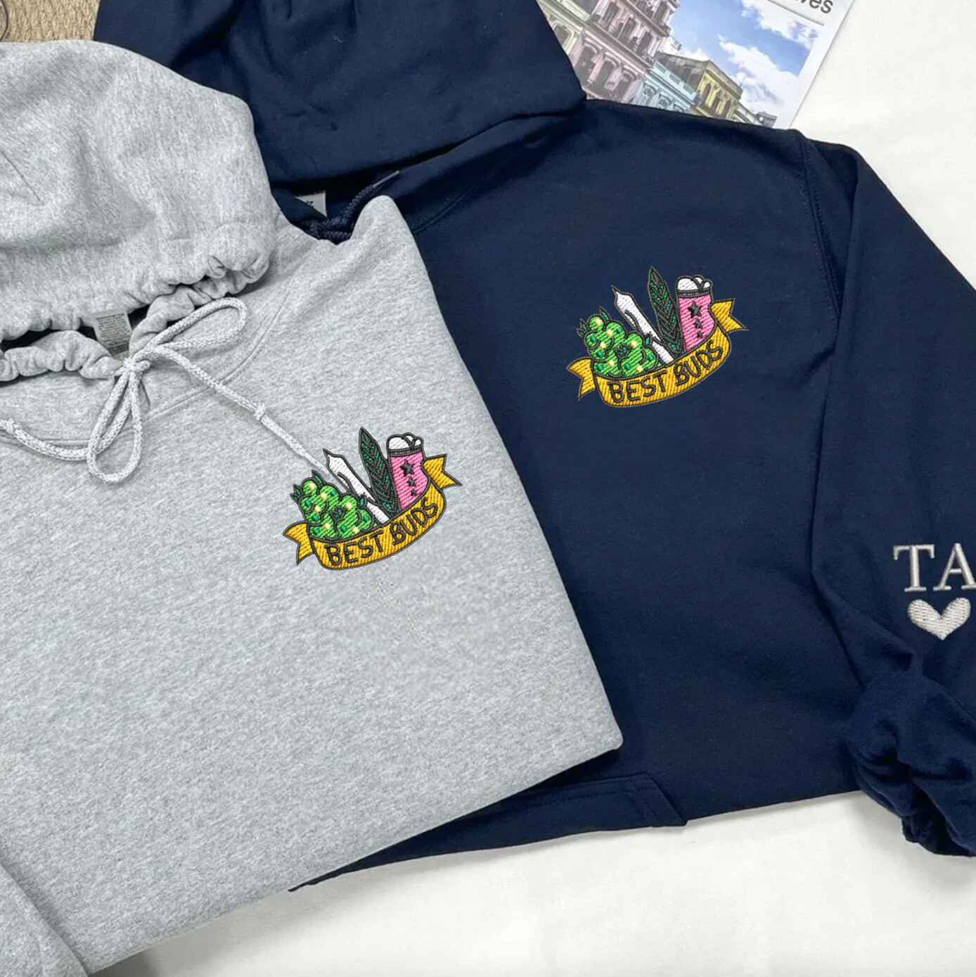 Best friends matching hoodie set with "Best Buds" embroidery
