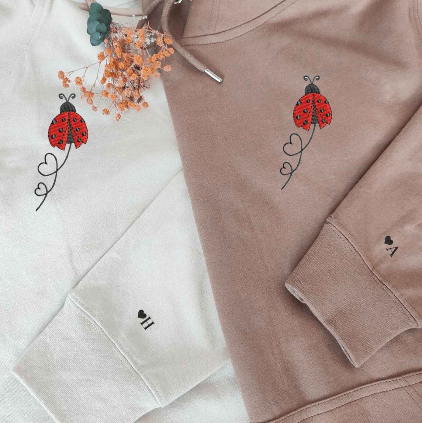 Matching Couple Hoodies with couples matching hoodies design featuring ladybug and heart trail
