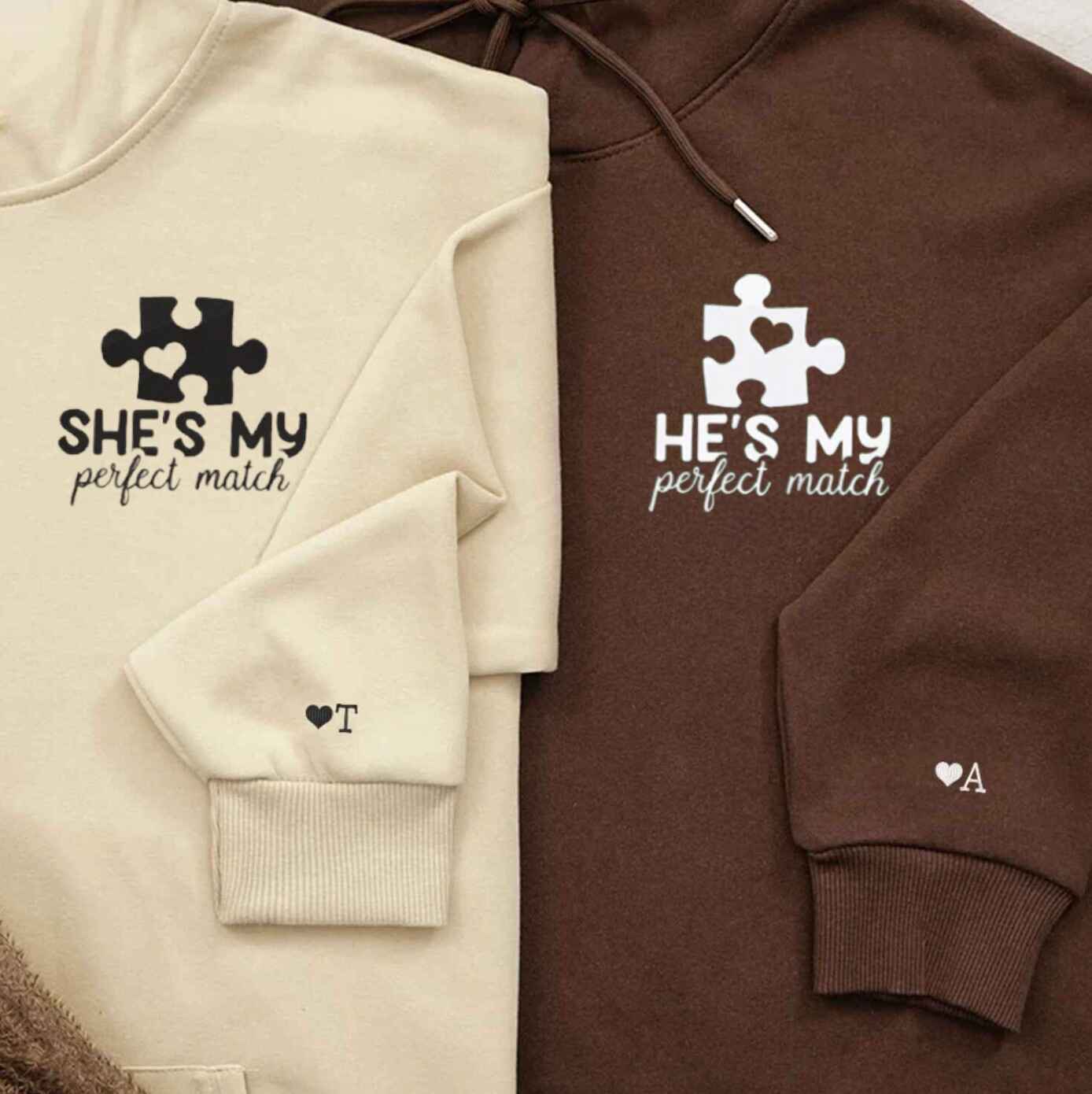 Brown and beige "Perfect Match" puzzle piece couple hoodies for a cozy and stylish matching outfit.
