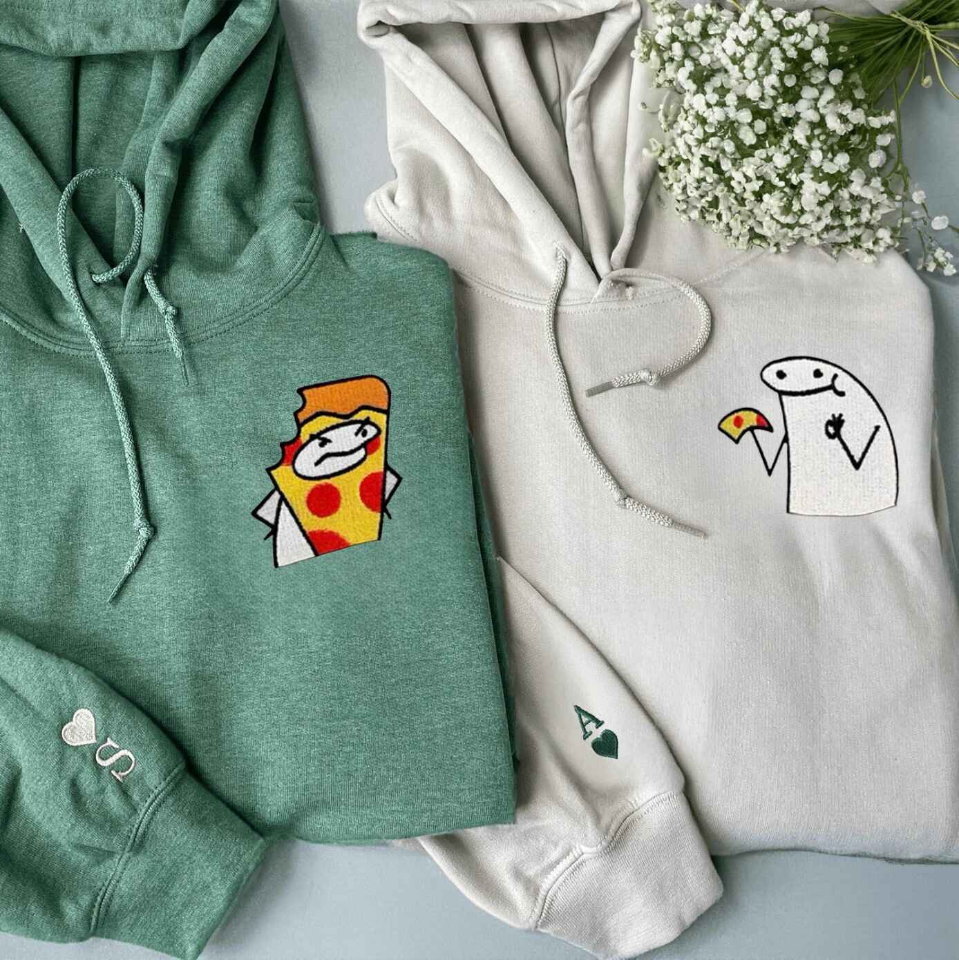 Funny couple hoodies with pizza and lizard design
