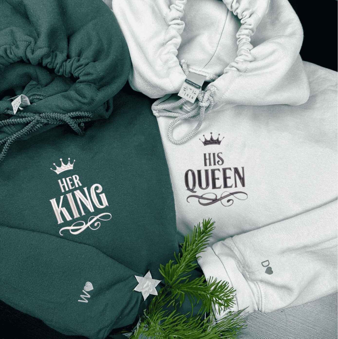 Her King and His Queen royal couple hoodies in green and white
