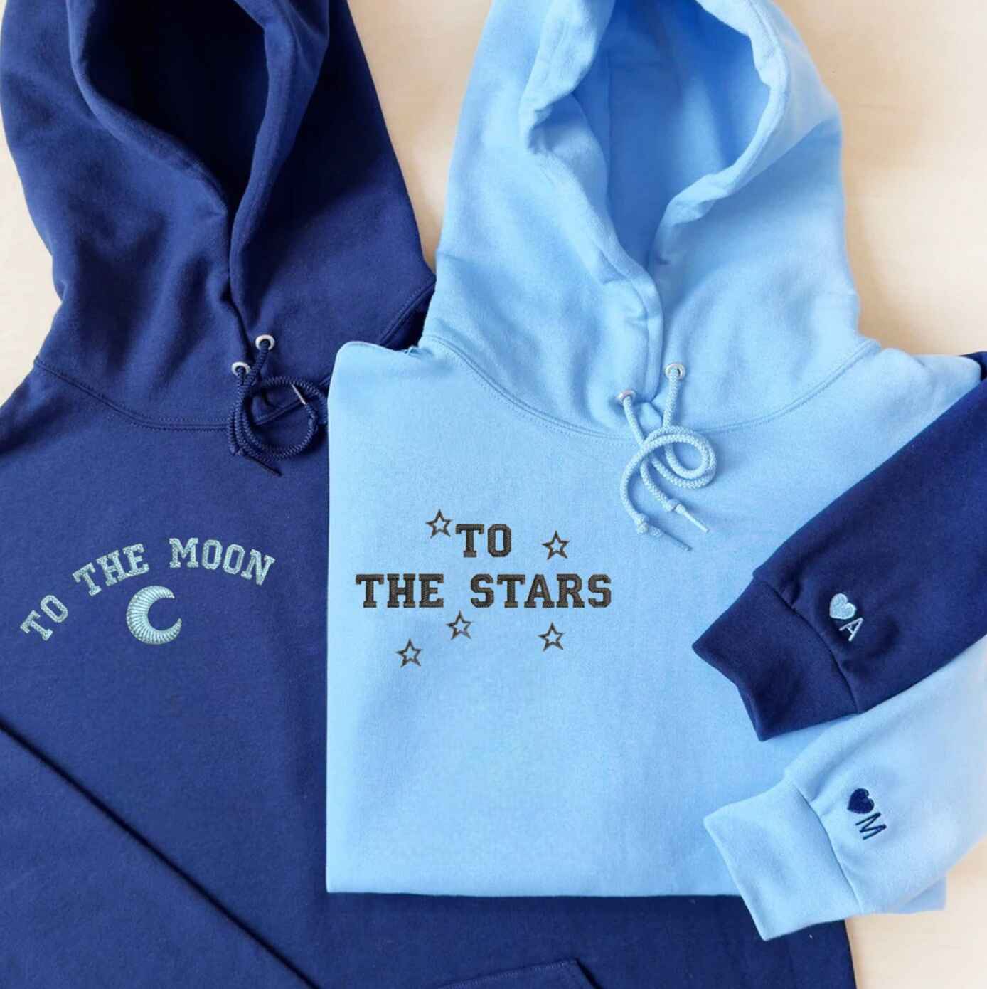 Cozy matching hoodies for couples, celestial theme with initial customization
