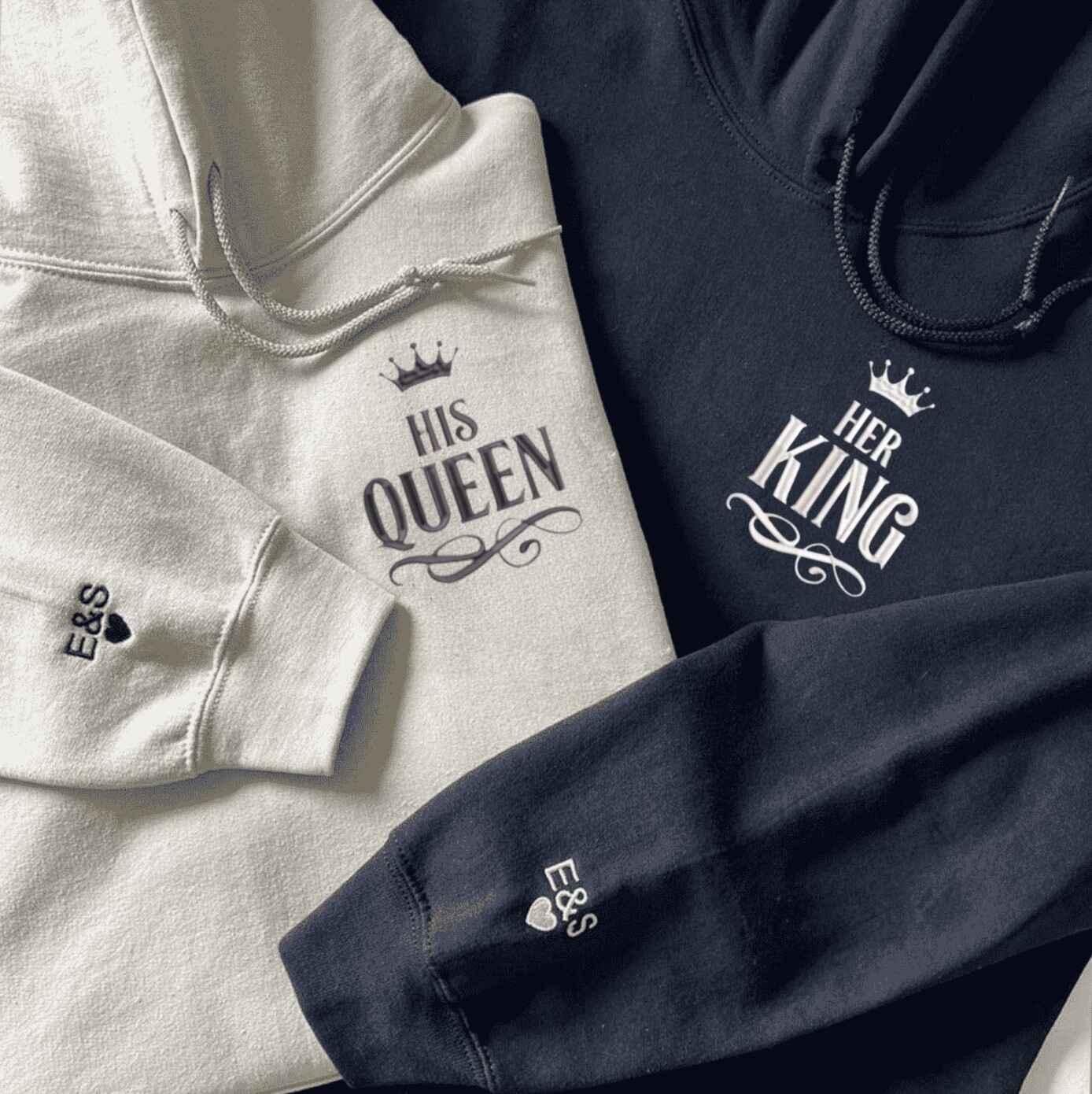 Matching couple hoodies with "His Queen, Her King" embroidery
