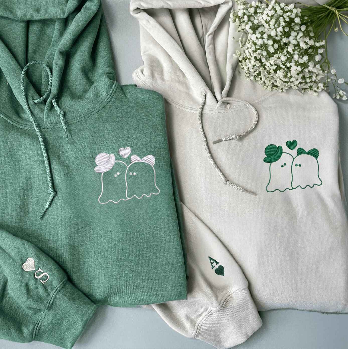 Matching Couple Hoodies with couples matching hoodies design featuring cute ghost characters
