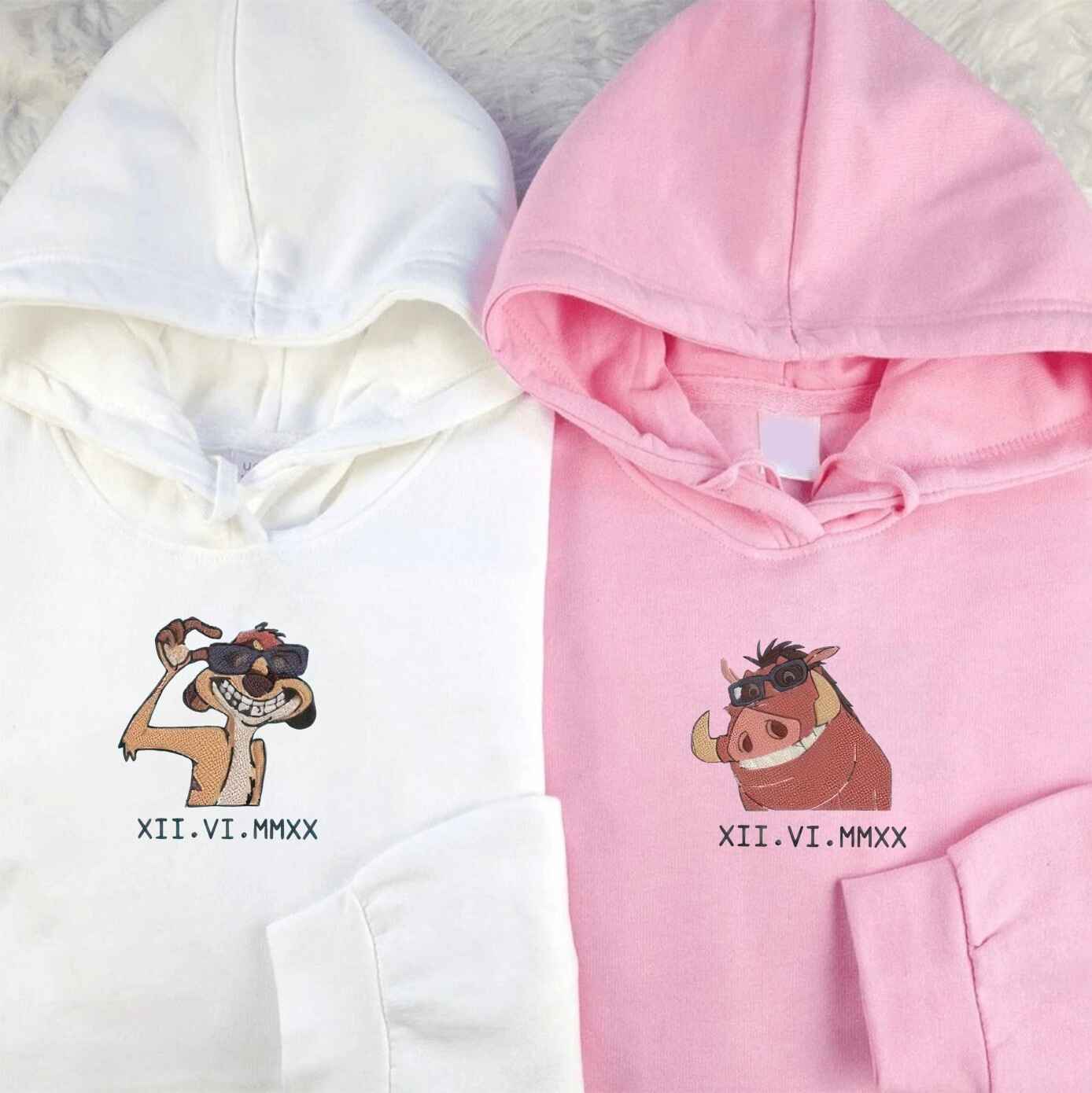 Matching Couple Hoodies with couples matching hoodies design featuring Timon & Pumbaa
