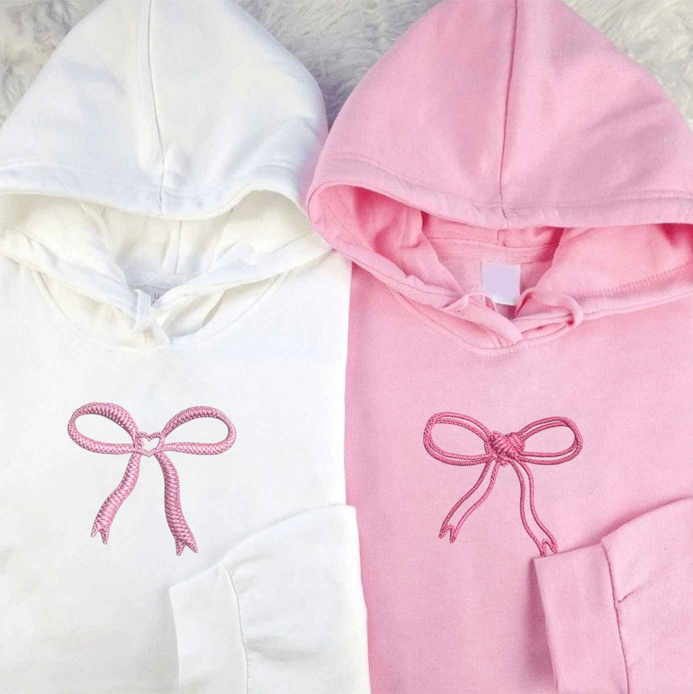 Sweet Ribbon couple hoodies with pink bow design
