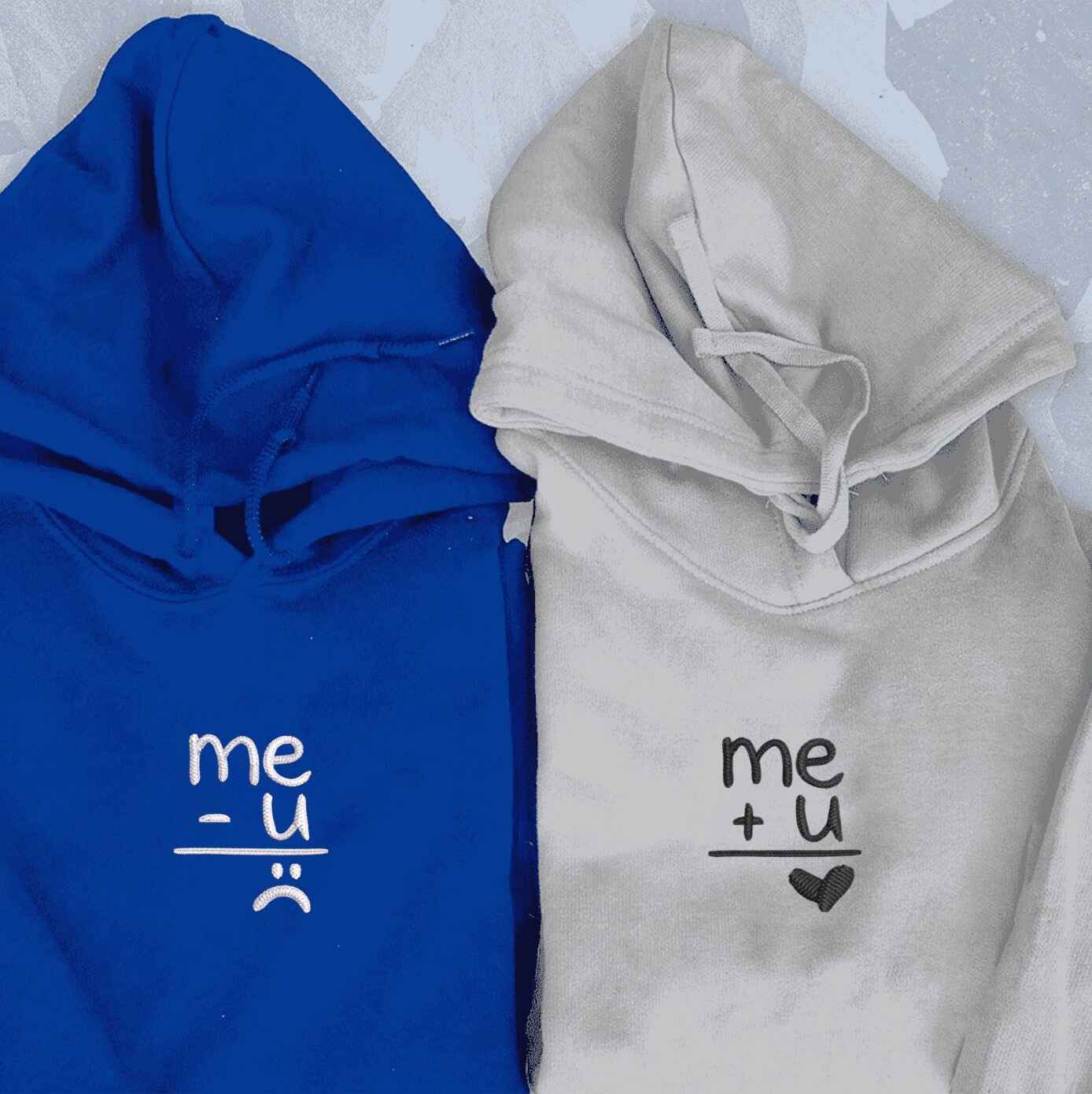 Matching "Me + U, Me - U" couple hoodies with heart design
