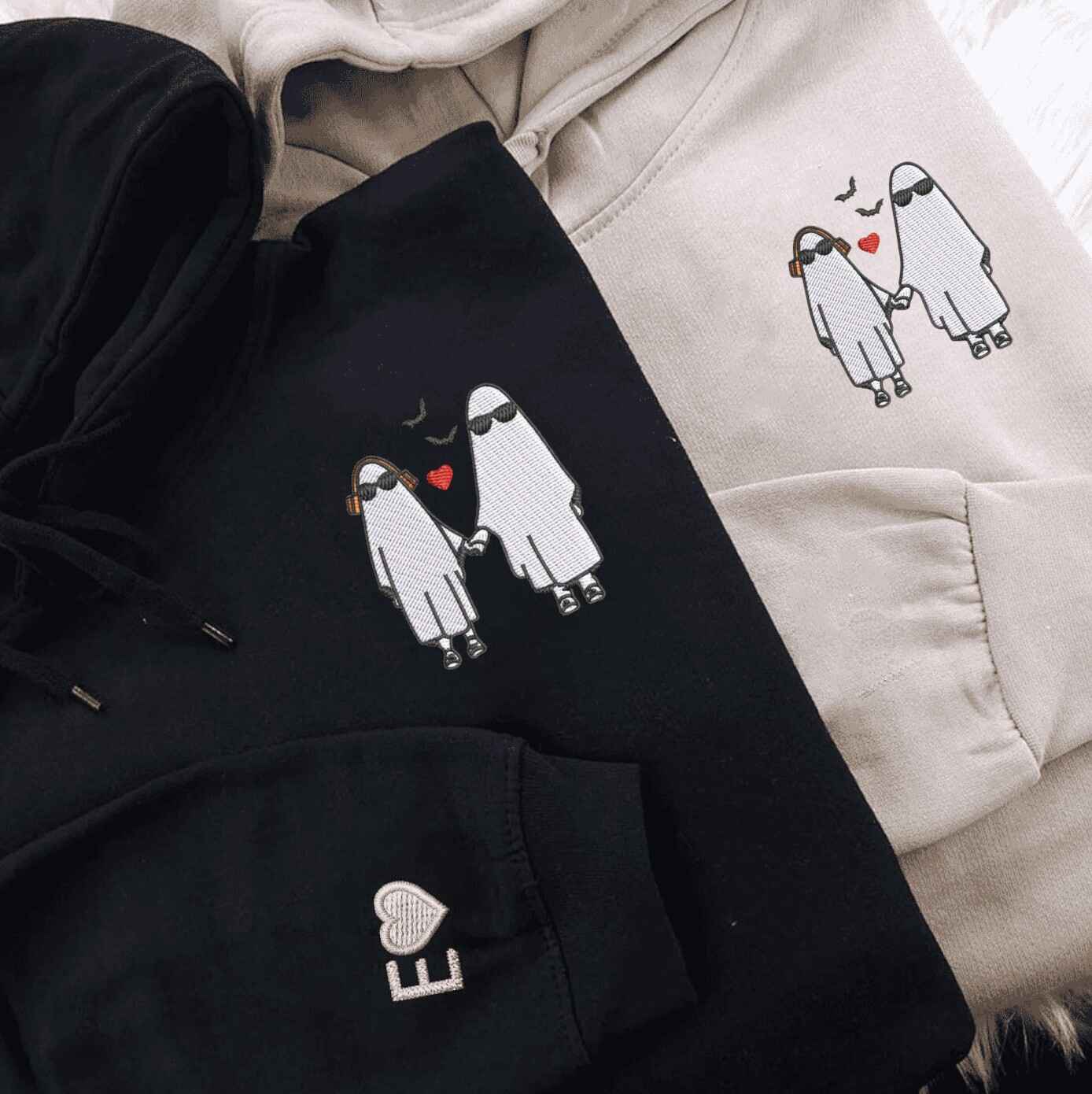 Matching Couple Hoodies with Halloween-inspired matching couple sweatshirts of ghost couple holding hands
