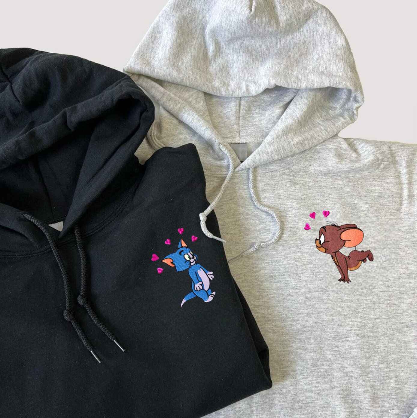 Matching Couple Hoodies with cute cartoon-inspired matching couple sweatshirts of Tom and Jerry in love
