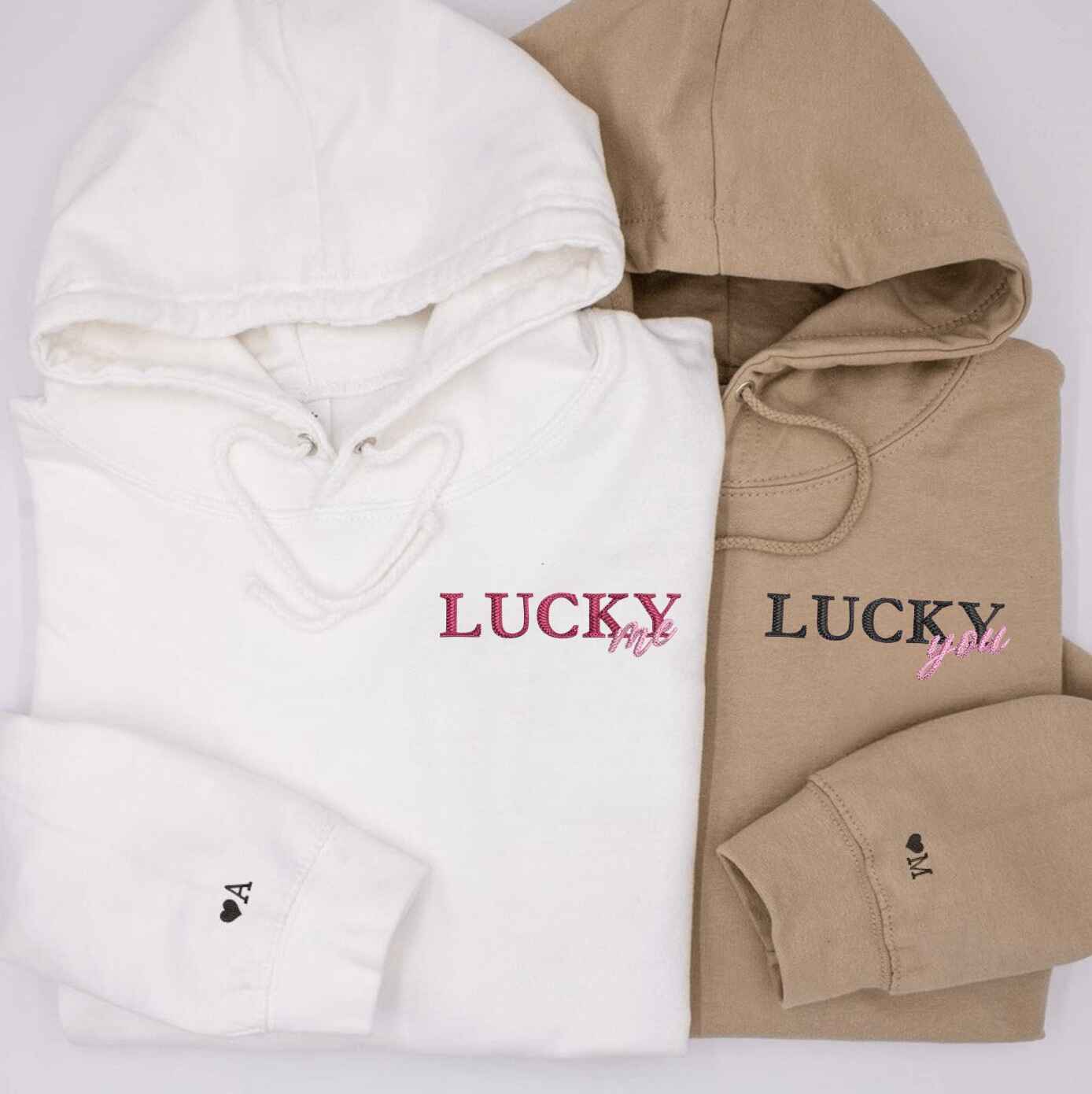 Romantic "Lucky Me, Lucky You" couple hoodie set in cozy colors
