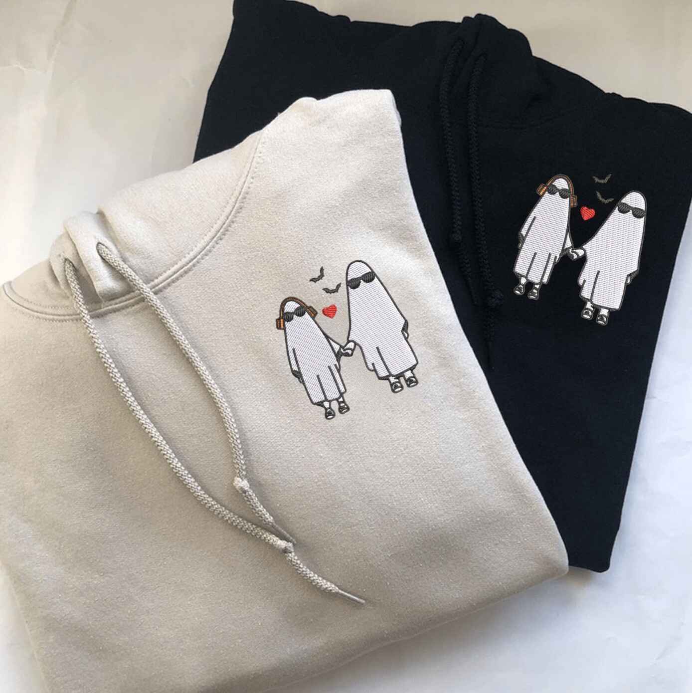 Matching Couple Hoodies with couples matching hoodies design featuring ghost couple in sunglasses
